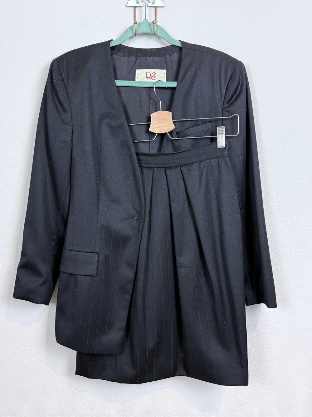 Dior Black Pinstripe Wool Blend Blazer & Pleated Skirt Suit 8 (26” waist)